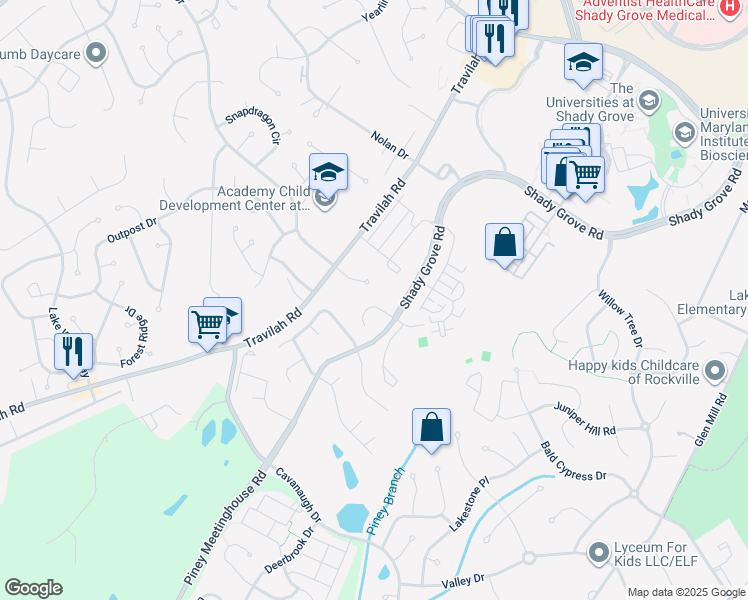 map of restaurants, bars, coffee shops, grocery stores, and more near 10205 Silver Bell Terrace in Rockville