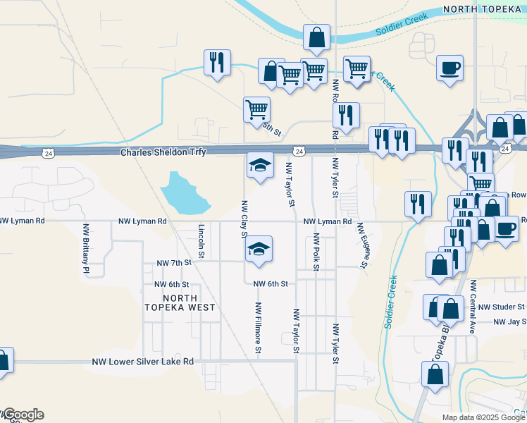 map of restaurants, bars, coffee shops, grocery stores, and more near 1124 Northwest Lyman Road in Topeka
