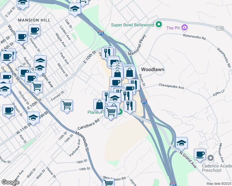 map of restaurants, bars, coffee shops, grocery stores, and more near 160 Pavilion Parkway in Newport