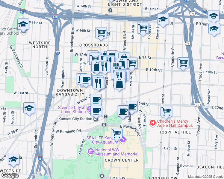 map of restaurants, bars, coffee shops, grocery stores, and more near 2010 Walnut Street in Kansas City