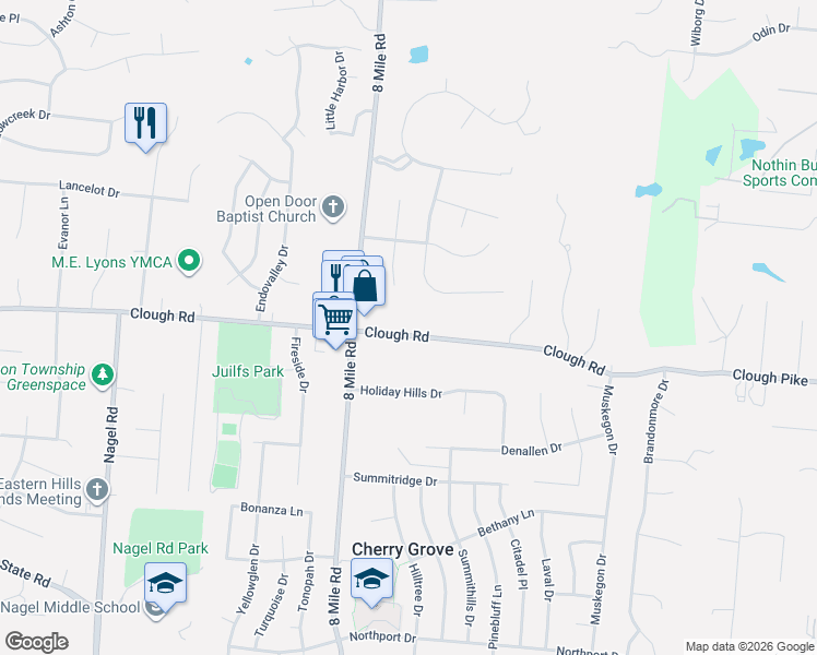 map of restaurants, bars, coffee shops, grocery stores, and more near 8434 Clough Pike in Cincinnati