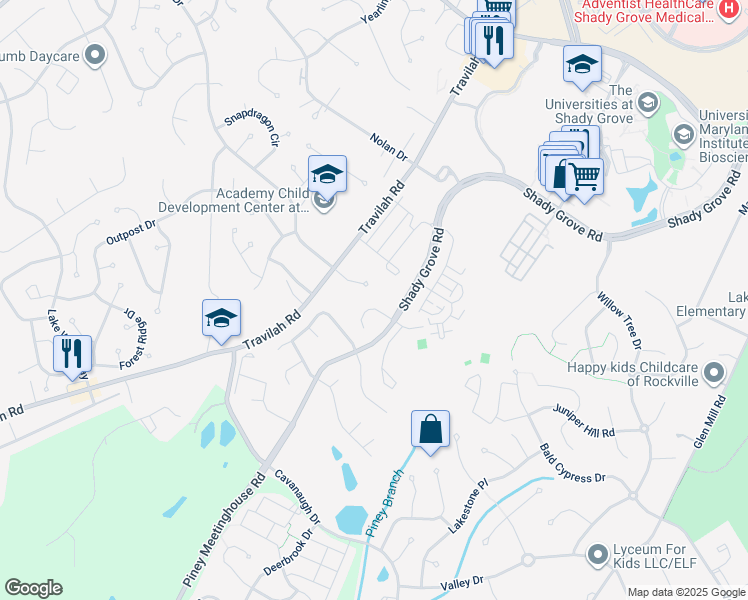 map of restaurants, bars, coffee shops, grocery stores, and more near 10205 Silver Bell Terrace in Rockville
