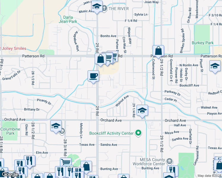 map of restaurants, bars, coffee shops, grocery stores, and more near 579 Kokopelli Lane in Grand Junction