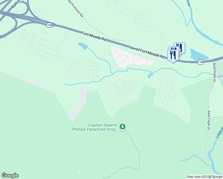 map of restaurants, bars, coffee shops, grocery stores, and more near 3398 Cormorant Drive in Laurel