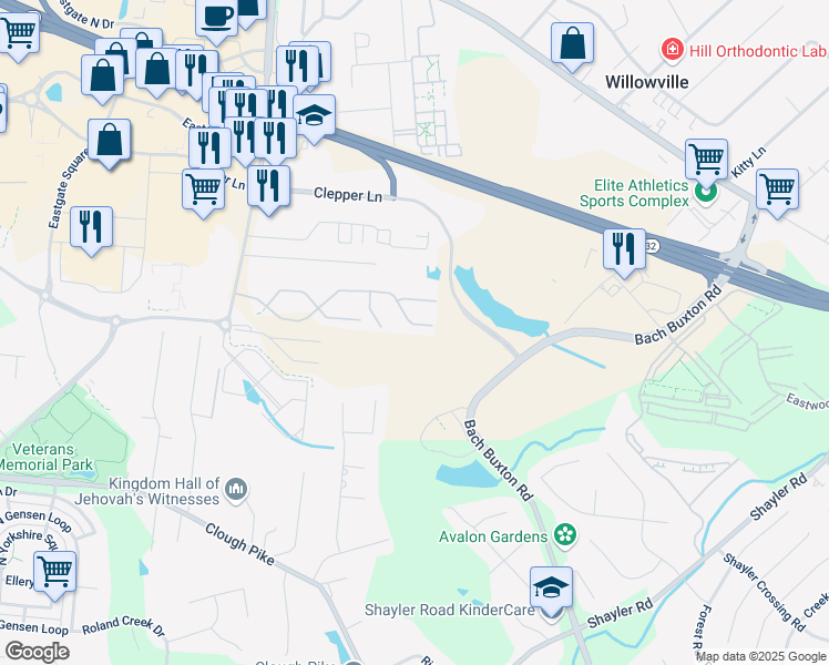 map of restaurants, bars, coffee shops, grocery stores, and more near 1169 Lamplighter Way in Cincinnati