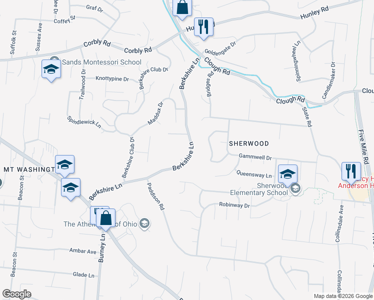 map of restaurants, bars, coffee shops, grocery stores, and more near 1937 Berkshire Lane in Cincinnati