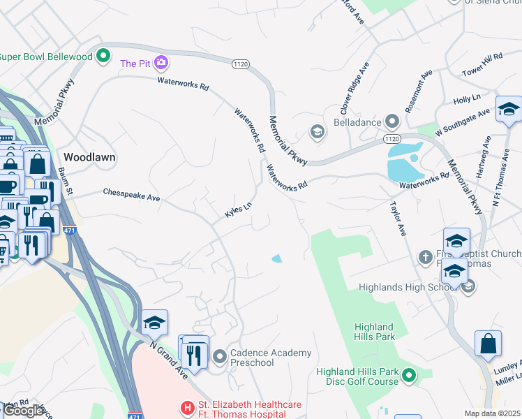 map of restaurants, bars, coffee shops, grocery stores, and more near 148 Park Place in Fort Thomas