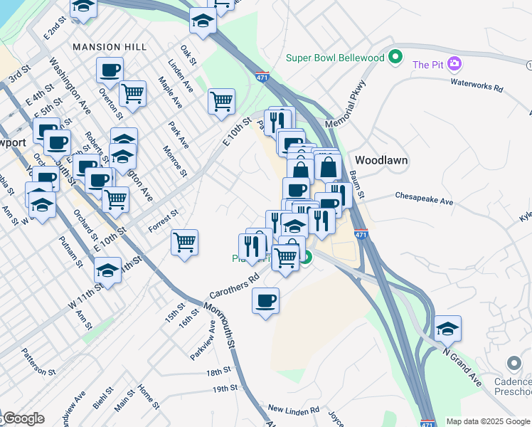 map of restaurants, bars, coffee shops, grocery stores, and more near 1144 Vine Street in Newport