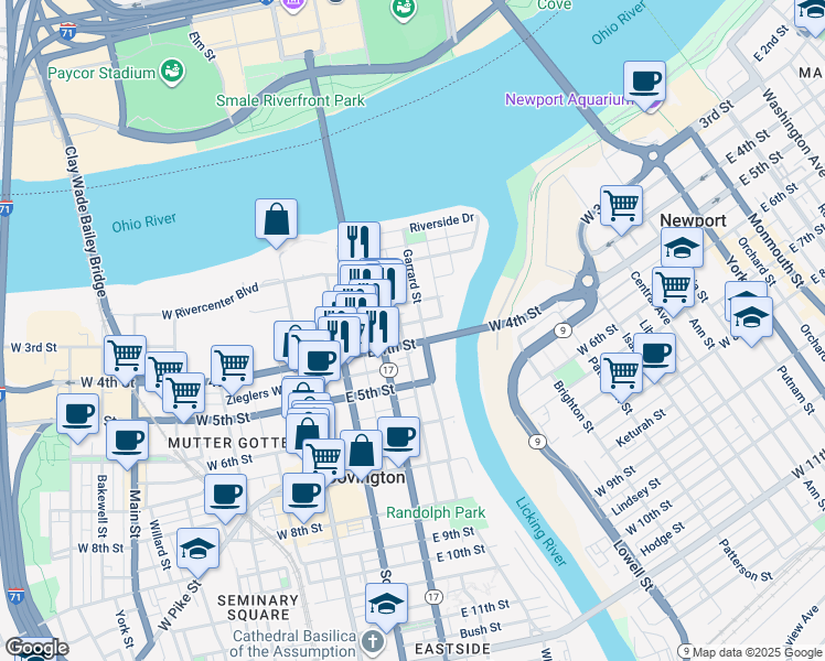 map of restaurants, bars, coffee shops, grocery stores, and more near 309 Garrard Street in Covington