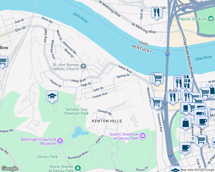 map of restaurants, bars, coffee shops, grocery stores, and more near 1008 John Street in Covington