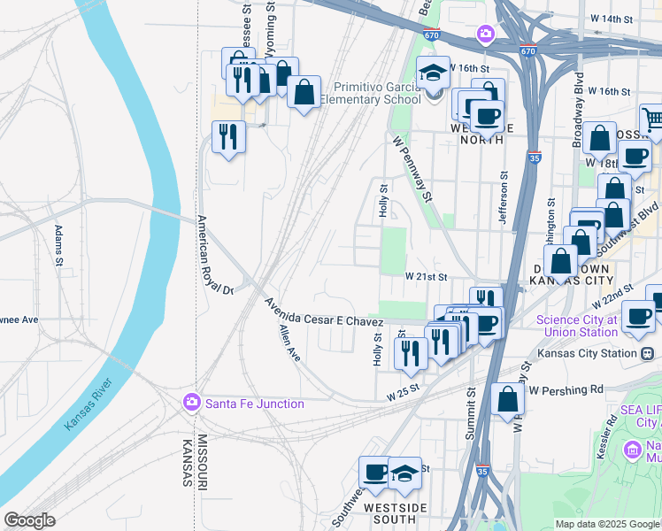 map of restaurants, bars, coffee shops, grocery stores, and more near 1317 West 20th Terrace in Kansas City