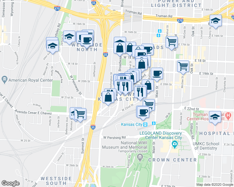 map of restaurants, bars, coffee shops, grocery stores, and more near 2021 Washington Street in Kansas City