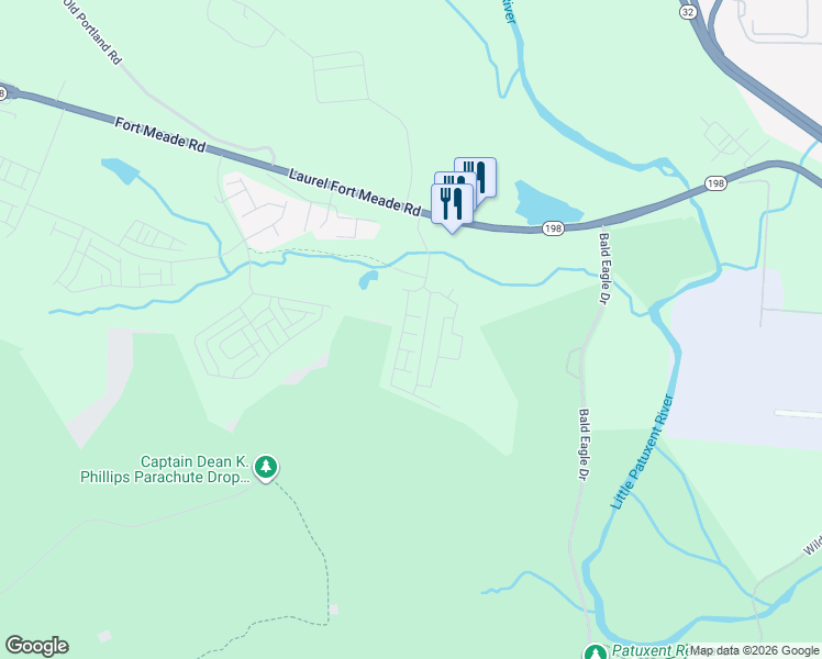 map of restaurants, bars, coffee shops, grocery stores, and more near 3402 Rivulet Lane in Laurel