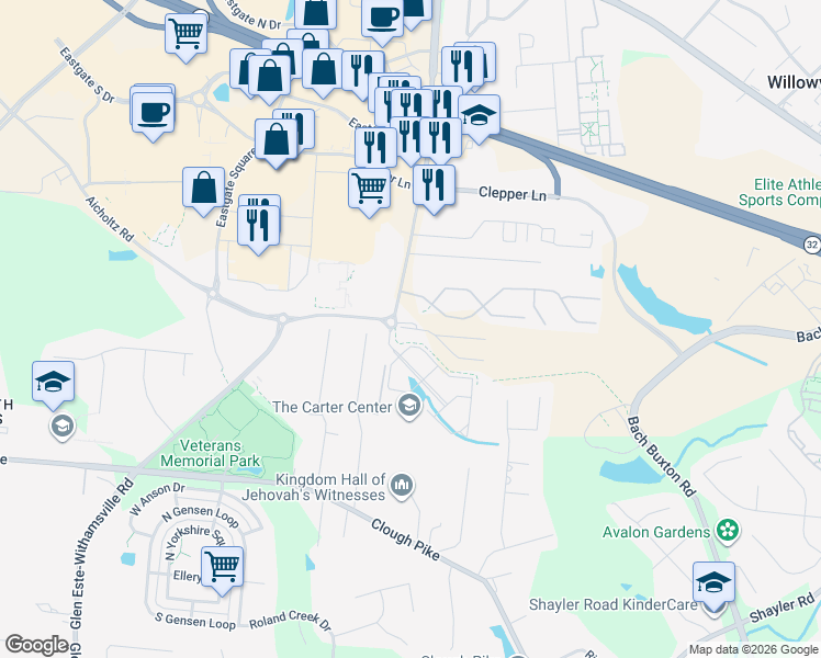 map of restaurants, bars, coffee shops, grocery stores, and more near 4341 Glen Este-Withamsville Road in Cincinnati
