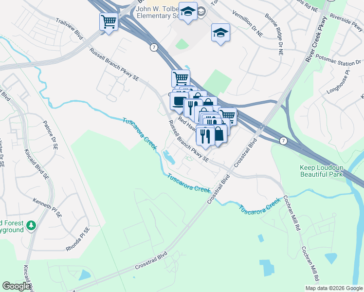 map of restaurants, bars, coffee shops, grocery stores, and more near 1020 Ribbon Limestone Terrace Southeast in Leesburg