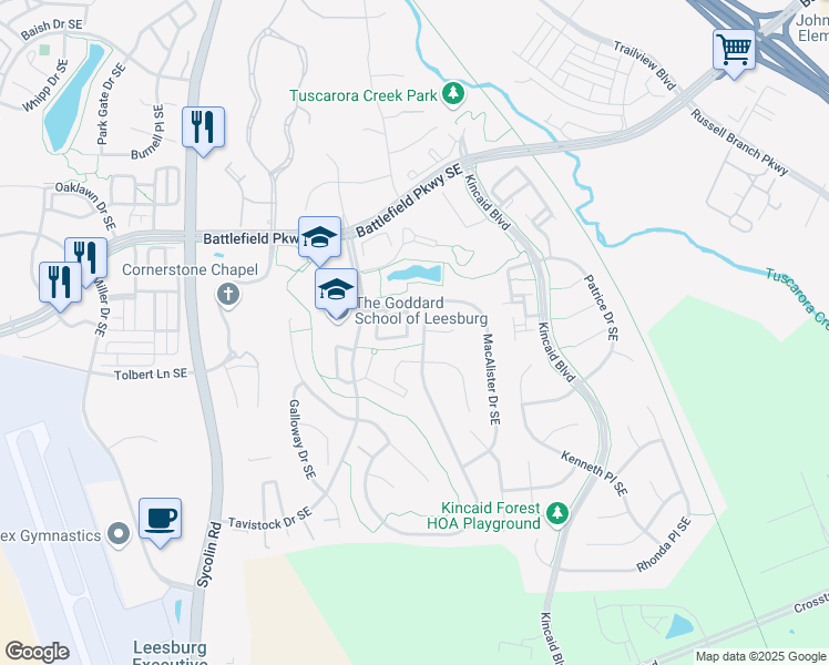 map of restaurants, bars, coffee shops, grocery stores, and more near 667 Springhouse Square Southeast in Leesburg