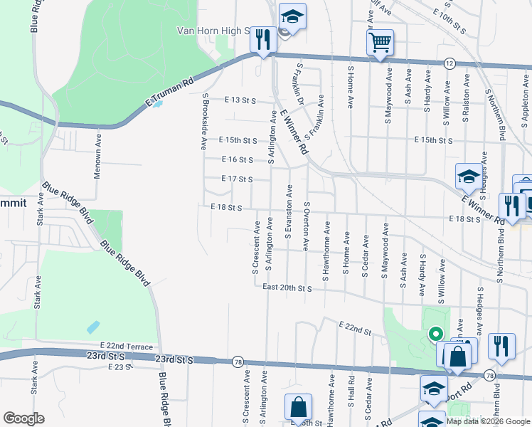 map of restaurants, bars, coffee shops, grocery stores, and more near 9517 East 18 Street South in Independence