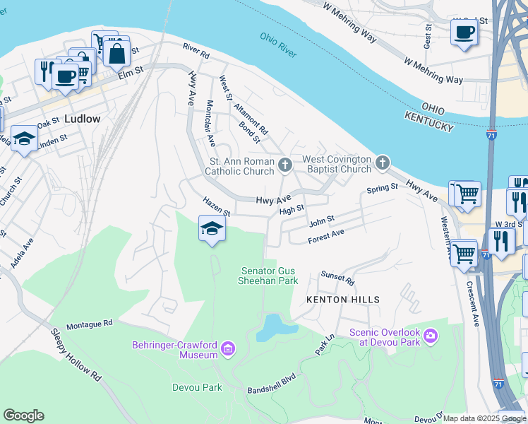 map of restaurants, bars, coffee shops, grocery stores, and more near 1321 Highway Avenue in Covington