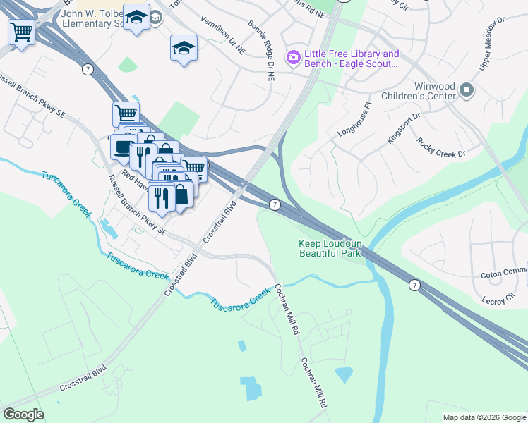 map of restaurants, bars, coffee shops, grocery stores, and more near 43001 Golf Club Road in Leesburg