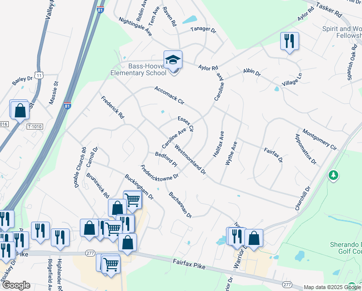 map of restaurants, bars, coffee shops, grocery stores, and more near 305 Westmoreland Drive in Stephens City