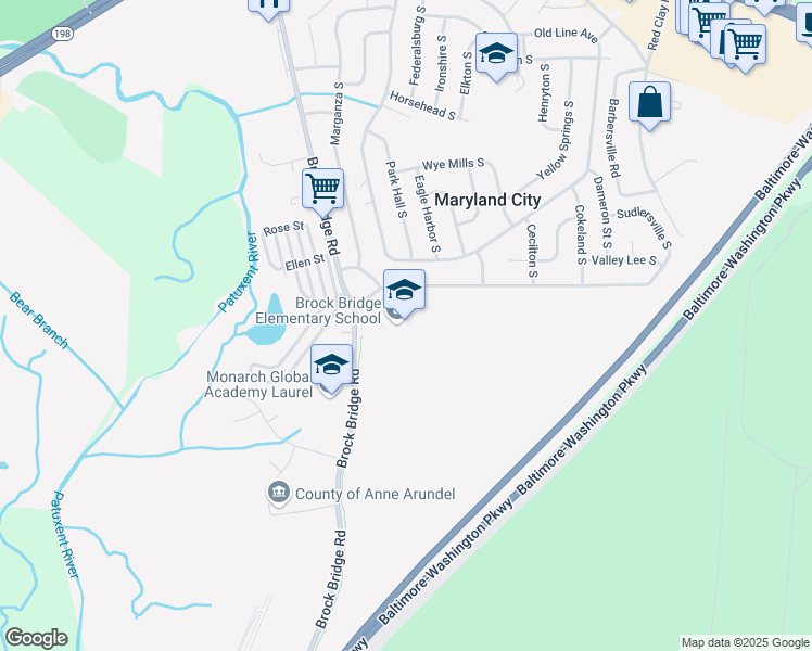 map of restaurants, bars, coffee shops, grocery stores, and more near 405 Brock Bridge Road in Laurel