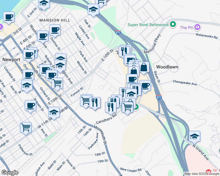 map of restaurants, bars, coffee shops, grocery stores, and more near 1112 Park Avenue in Newport