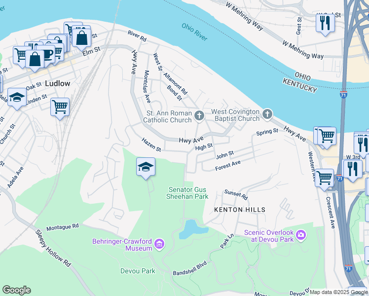 map of restaurants, bars, coffee shops, grocery stores, and more near 1321 Highway Avenue in Covington