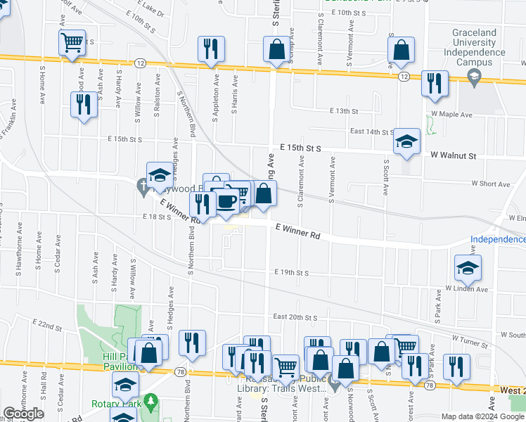 map of restaurants, bars, coffee shops, grocery stores, and more near 1714 South Sterling Avenue in Independence