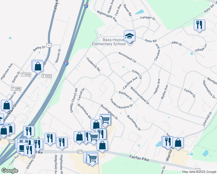 map of restaurants, bars, coffee shops, grocery stores, and more near 101 Amherst Court in Stephens City