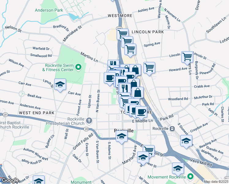 map of restaurants, bars, coffee shops, grocery stores, and more near 254 North Washington Street in Rockville