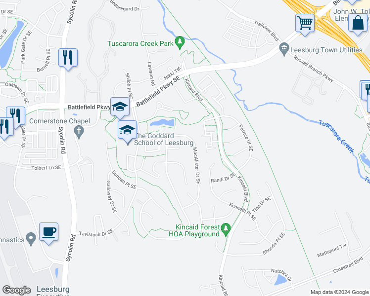 map of restaurants, bars, coffee shops, grocery stores, and more near 711 Seaton Court Southeast in Leesburg
