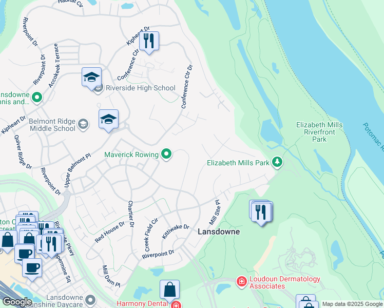 map of restaurants, bars, coffee shops, grocery stores, and more near 19050 Coton Farm Court in Leesburg