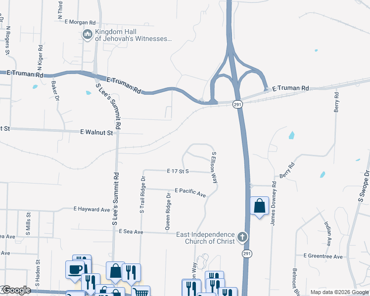 map of restaurants, bars, coffee shops, grocery stores, and more near 1508 South Queen Ridge Way in Independence