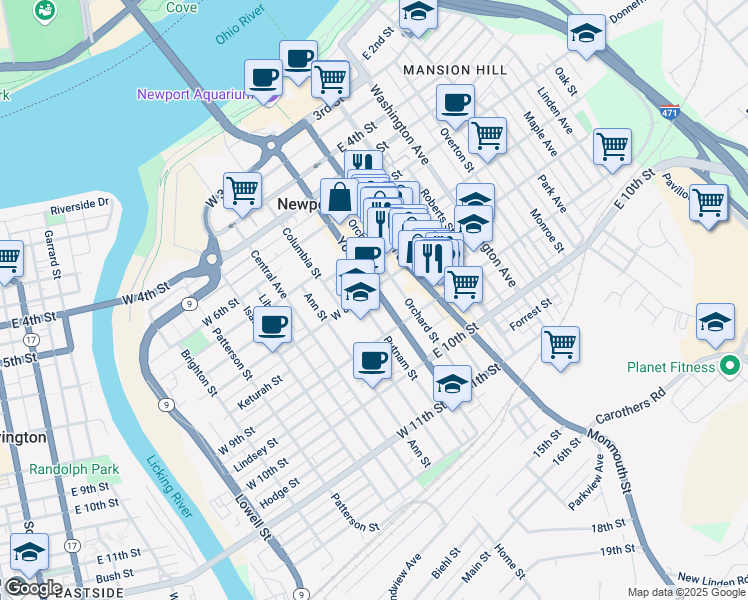 map of restaurants, bars, coffee shops, grocery stores, and more near 810 York Street in Newport
