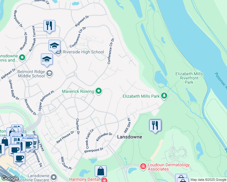 map of restaurants, bars, coffee shops, grocery stores, and more near 19050 Coton Farm Court in Leesburg
