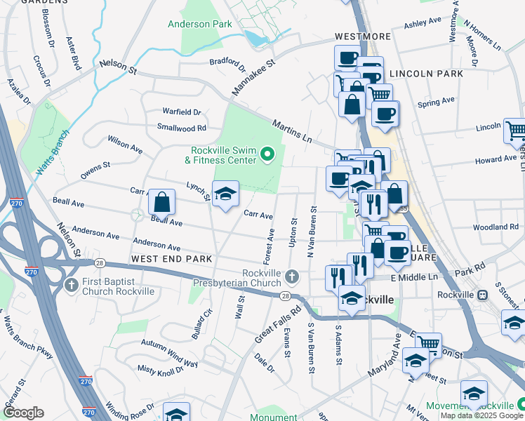 map of restaurants, bars, coffee shops, grocery stores, and more near 307 Carr Avenue in Rockville