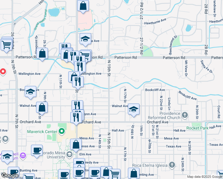 map of restaurants, bars, coffee shops, grocery stores, and more near 1510 Bookcliff Court in Grand Junction