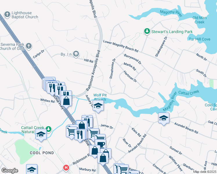map of restaurants, bars, coffee shops, grocery stores, and more near 392 Stonehouse Drive in Severna Park