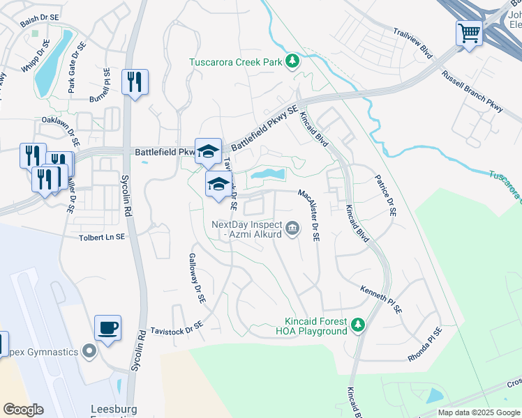 map of restaurants, bars, coffee shops, grocery stores, and more near 700 Somerset Park Drive Southeast in Leesburg