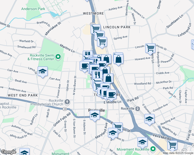 map of restaurants, bars, coffee shops, grocery stores, and more near 285 North Washington Street in Rockville