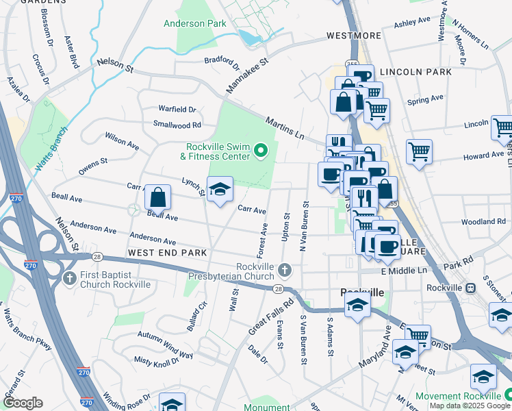 map of restaurants, bars, coffee shops, grocery stores, and more near 307 Carr Avenue in Rockville