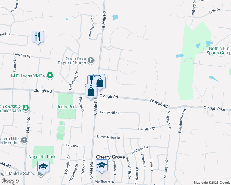 map of restaurants, bars, coffee shops, grocery stores, and more near 8434 Clough Pike in Cincinnati
