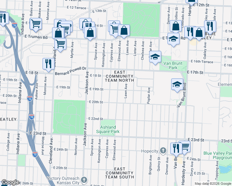map of restaurants, bars, coffee shops, grocery stores, and more near 4505 East 19th Street in Kansas City