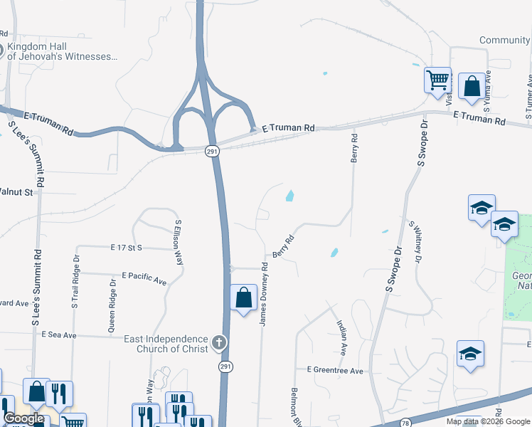 map of restaurants, bars, coffee shops, grocery stores, and more near 1701 Highland Drive in Independence