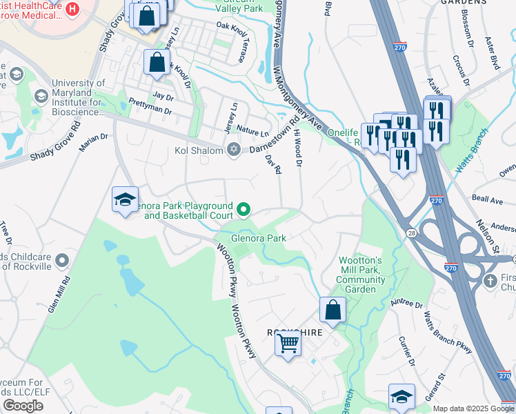 map of restaurants, bars, coffee shops, grocery stores, and more near 2017 Dundee Road in Rockville