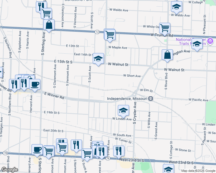 map of restaurants, bars, coffee shops, grocery stores, and more near 505 South Forest Avenue in Independence