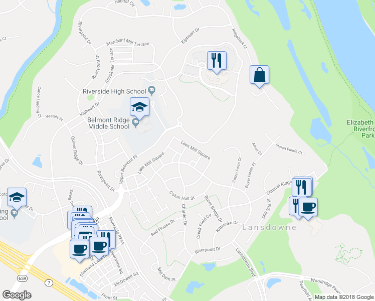 map of restaurants, bars, coffee shops, grocery stores, and more near 19066 Grouse Terrace in Leesburg