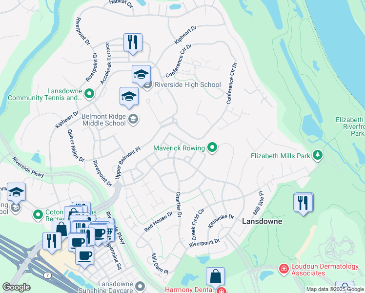 map of restaurants, bars, coffee shops, grocery stores, and more near 19066 Grouse Terrace in Leesburg