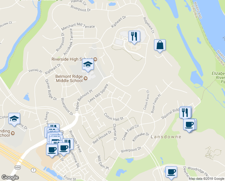 map of restaurants, bars, coffee shops, grocery stores, and more near 43738 Stone Fence Terrace in Leesburg