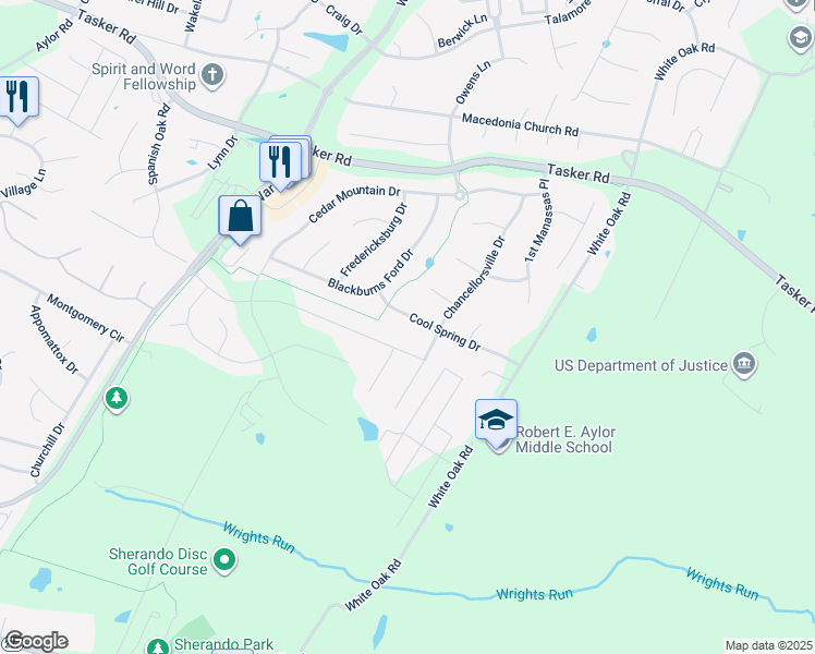 map of restaurants, bars, coffee shops, grocery stores, and more near 207 Cool Spring Drive in Stephens City